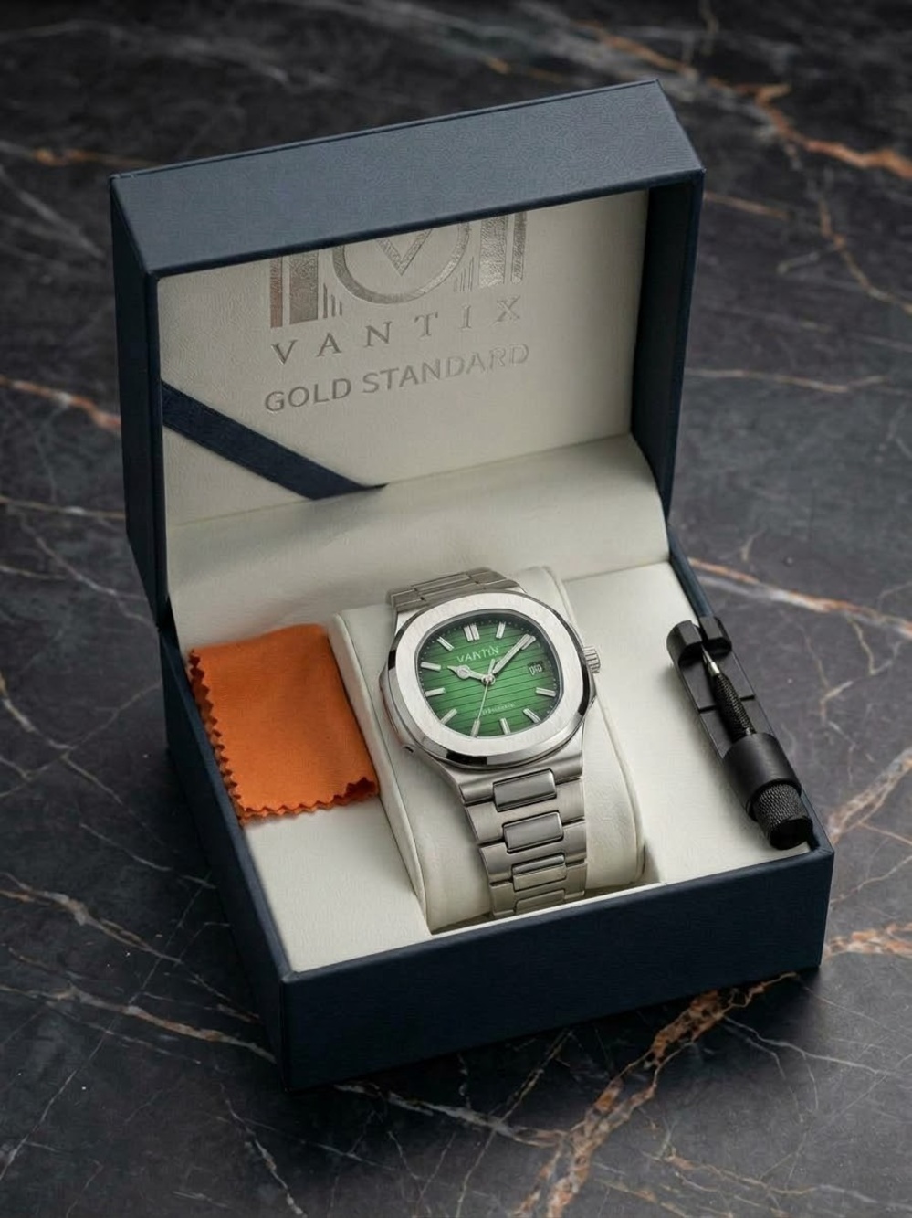 Men’s Stainless Steel Watch with Green Dial